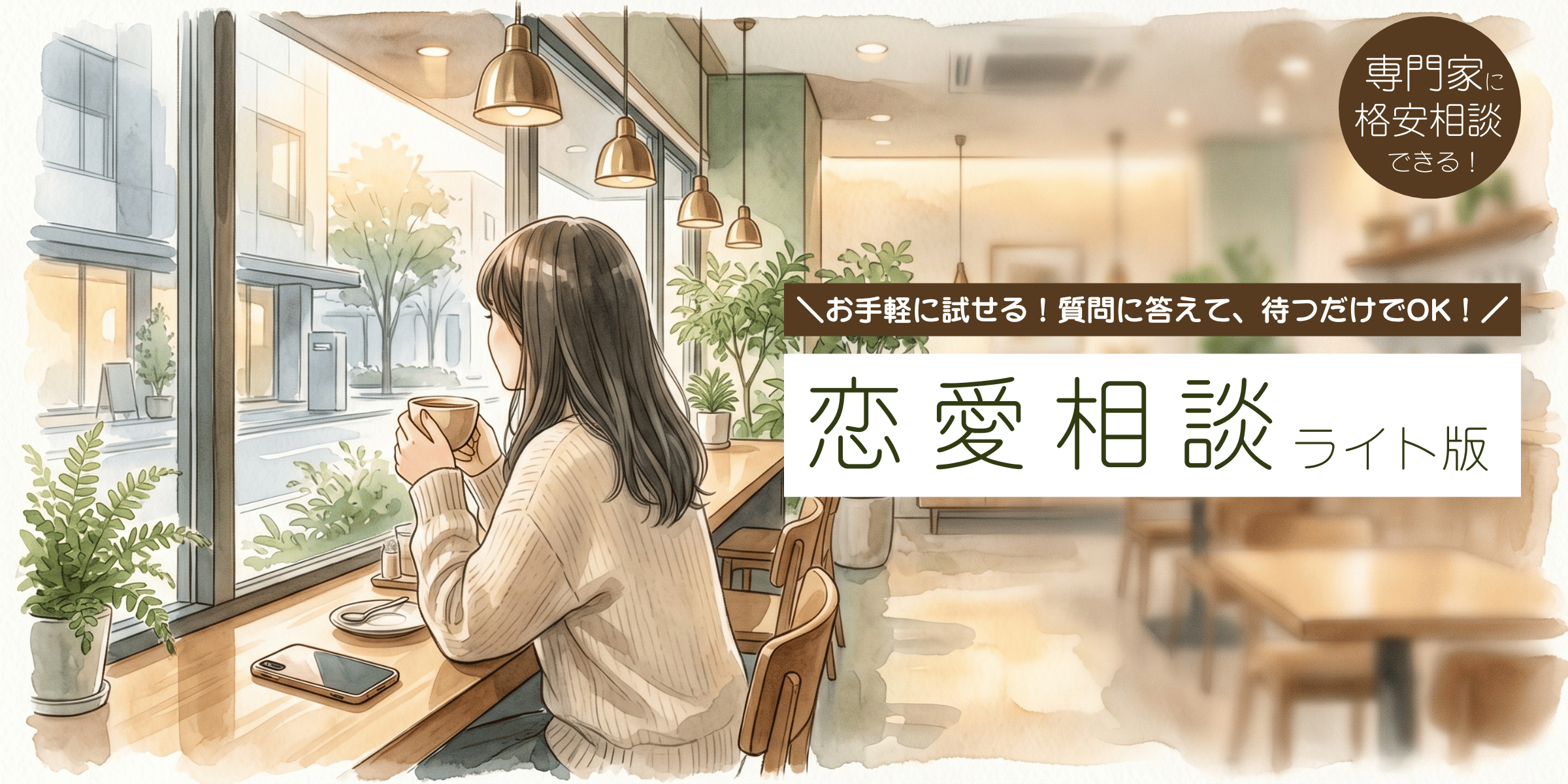 恋愛相談ライト版 — お手軽に試せる！質問に答えて、待つだけでOK！専門家に格安相談できる。AIが下書きを、恋愛の専門家が仕上げる。3,300円で、あなたの恋の次の一手が見えてきます。