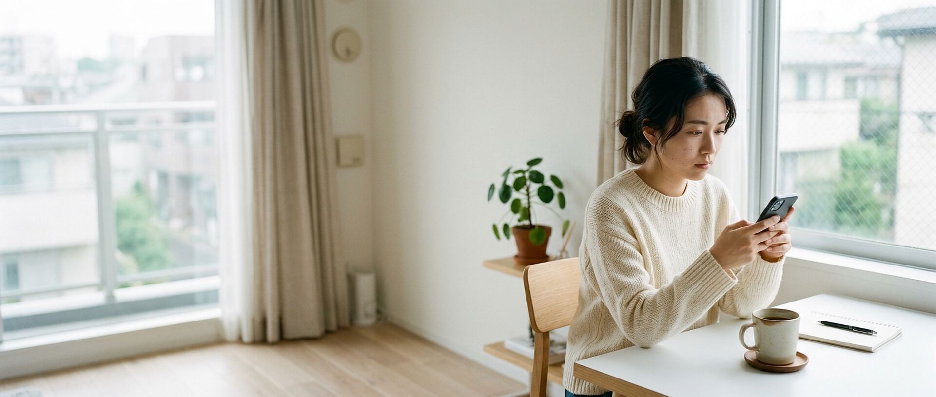 窓辺の机でスマートフォンを見ながら考え込んでいる女性