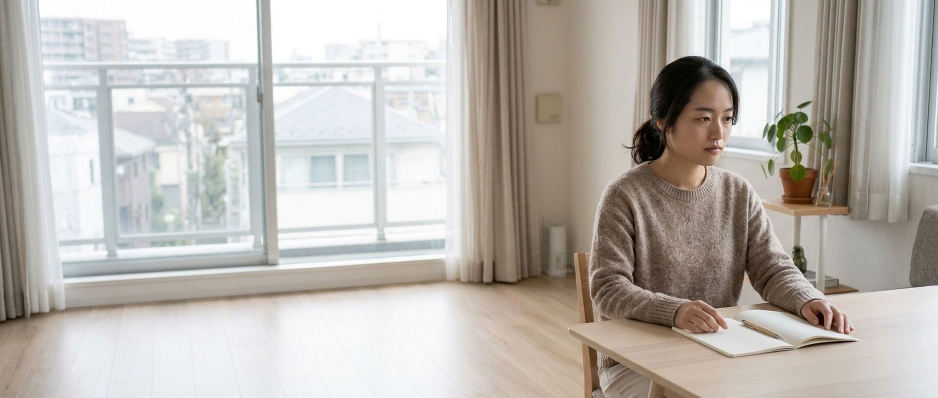 窓辺のテーブルで手帳を前に考えごとをしている女性