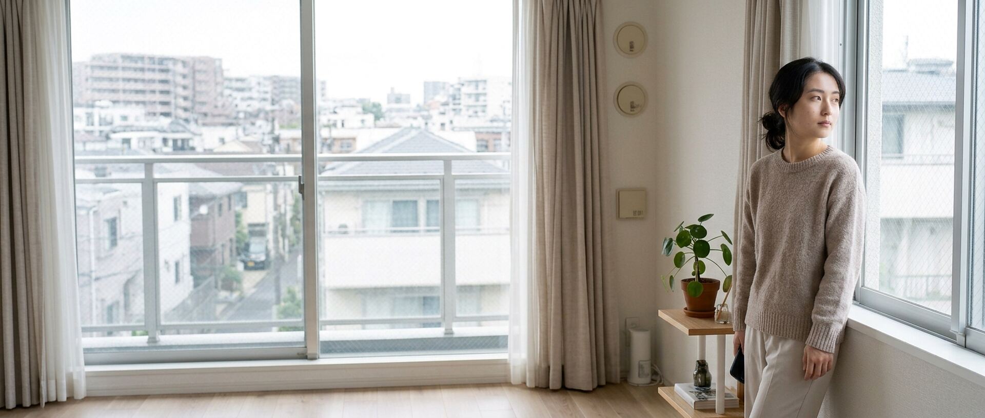 窓辺に立ち、スマートフォンを手に外を見ている女性