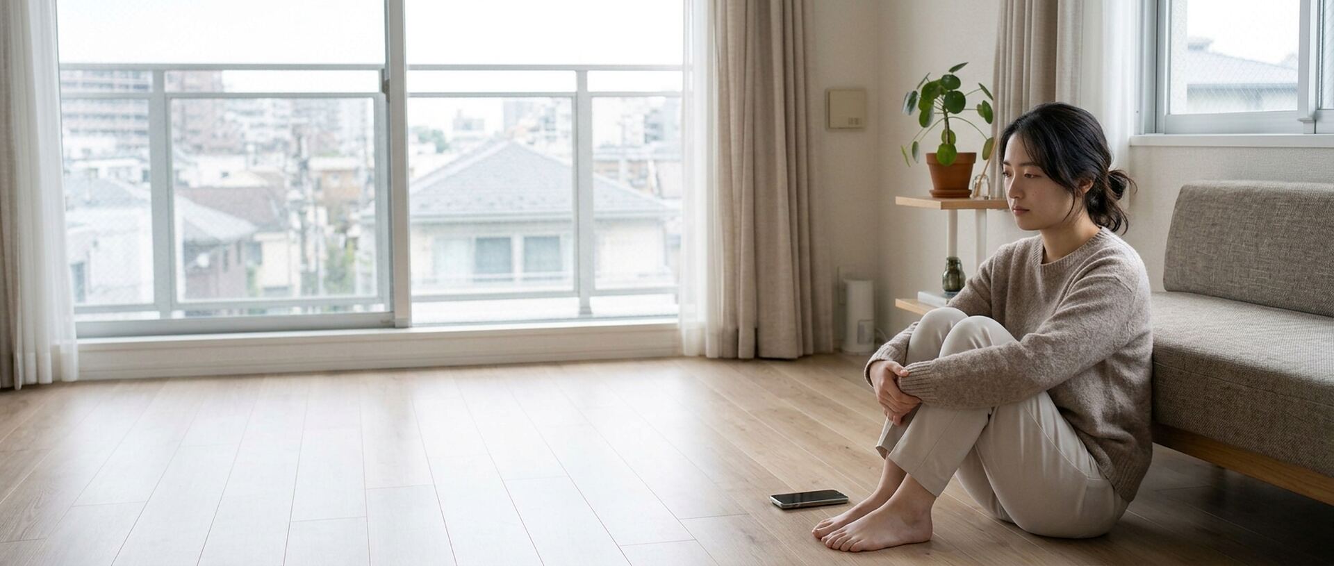 床に座って膝を抱え、そばに置いたスマートフォンから目をそらしている女性