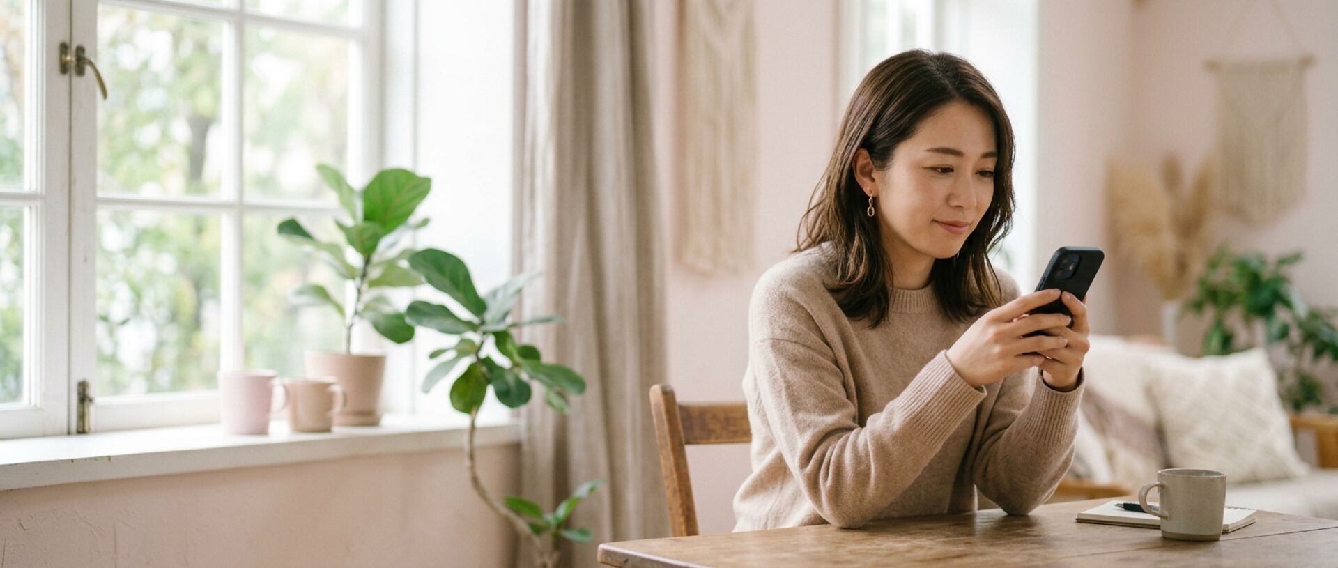 窓際のテーブルでスマートフォンを両手で持ち、画面を見つめる女性