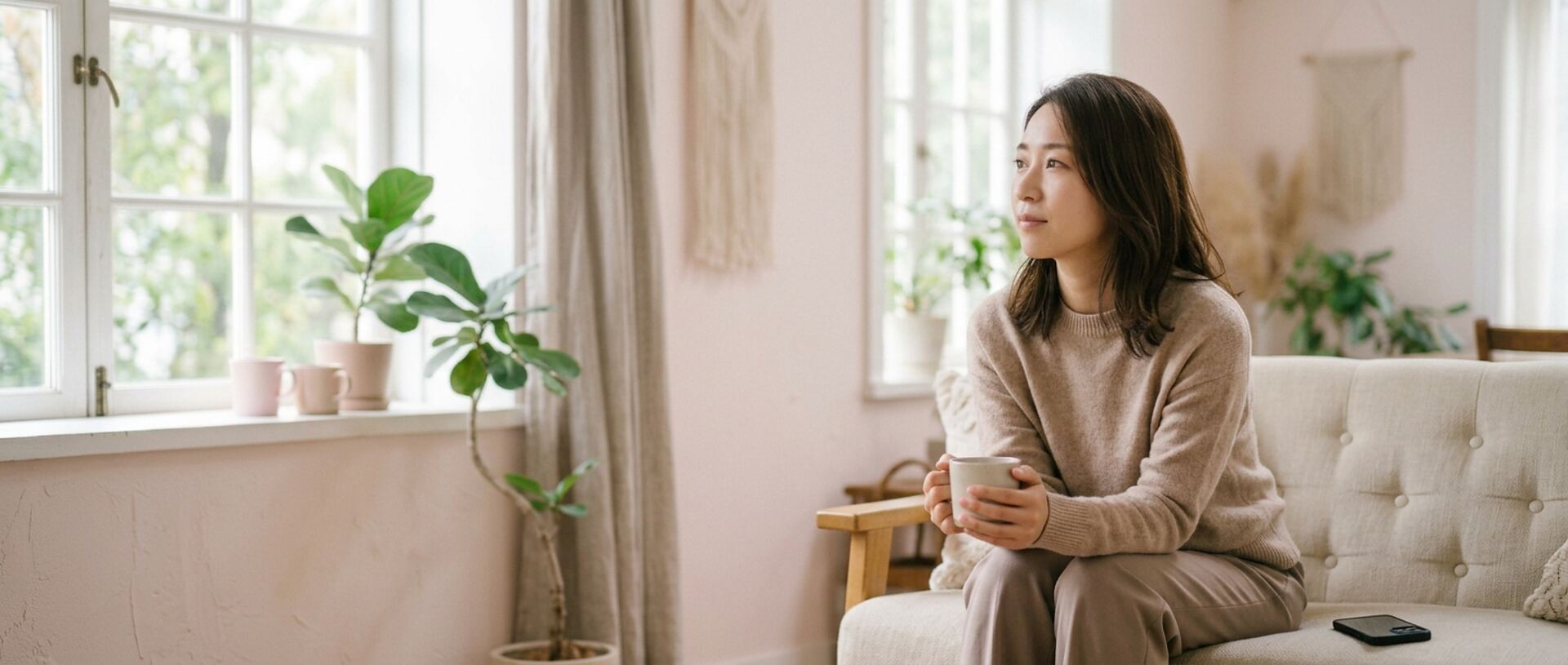 窓際のソファでマグカップを両手で持ち、窓の外を眺める女性